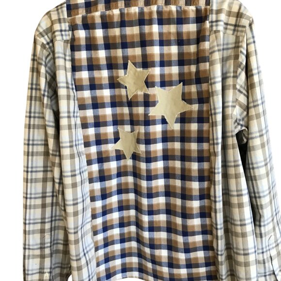 Upcycled Patchwork Plaid Shirt, Size M-L: Boho Mixed Print Top, Star Appliqué - Picture 10 of 11